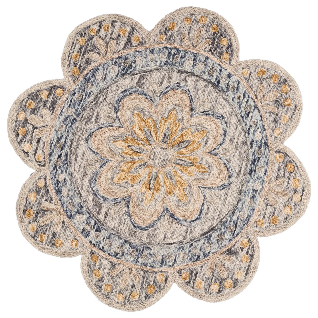 Laddha Home Designs 6' Gray and Yellow Petaled Edge Hand Tufted Area Throw Rug
